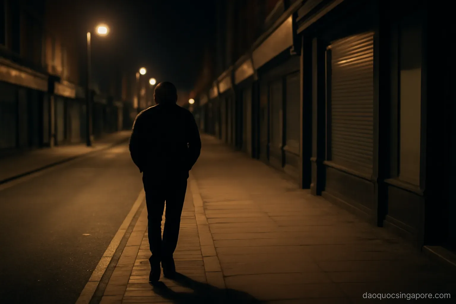a quiet well-lit street at night with a person walking alone past closed shopfronts
