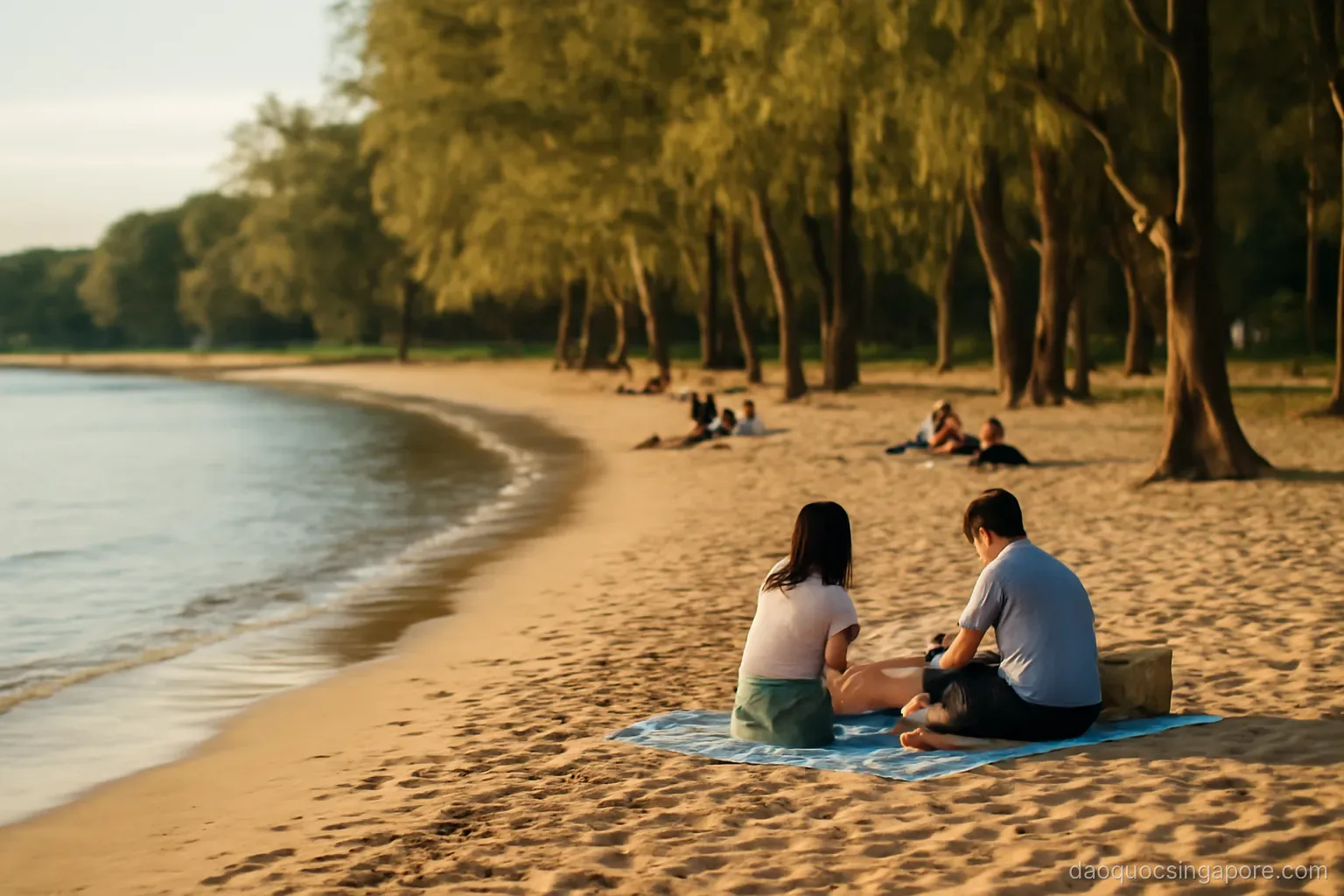 a curved sandy beach lined with casuarina trees and people picnicking on mats in late afternoon