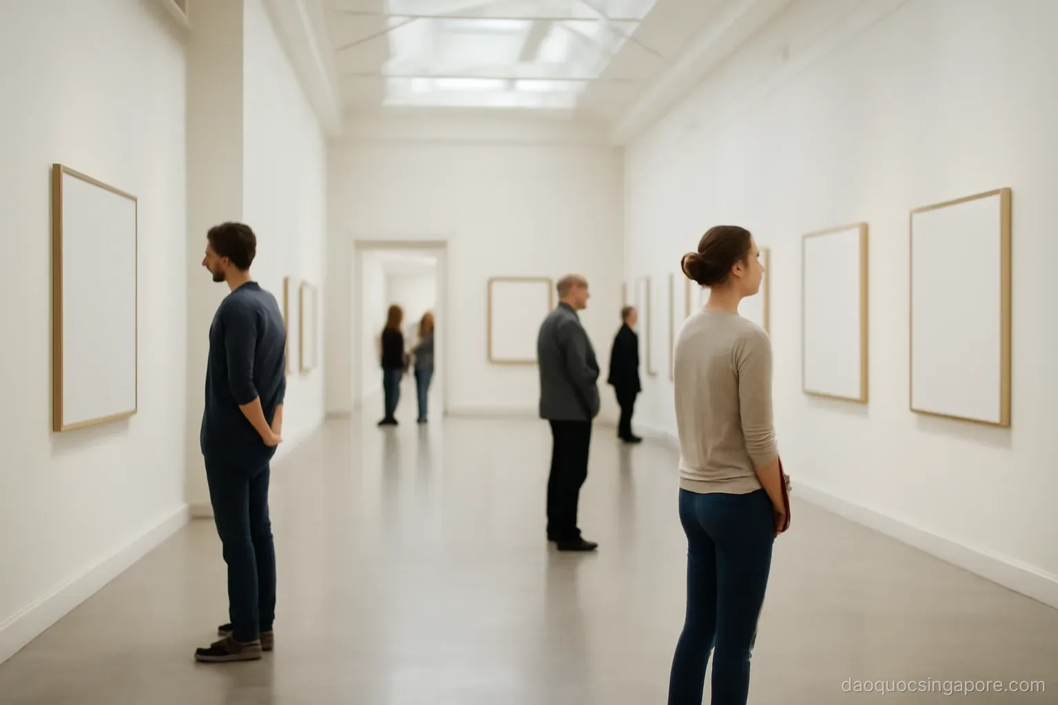 a bright museum gallery with high ceilings and visitors looking at framed works on white walls