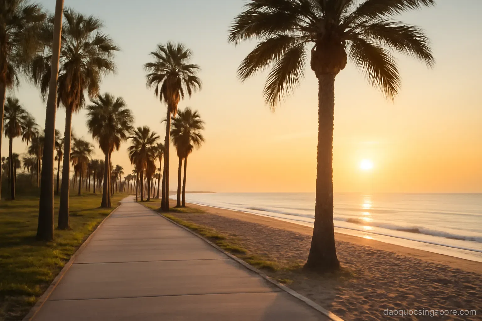 a long coastal park path lined with palm trees beside a sandy beach at sunrise