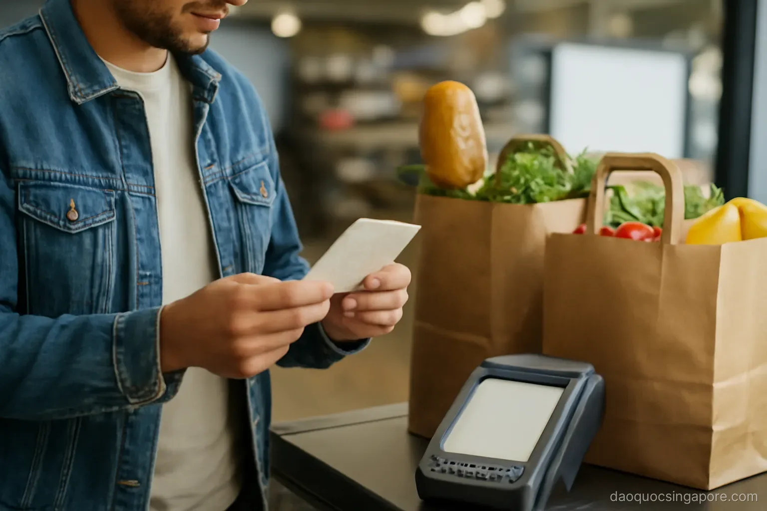 a person checking a receipt at a supermarket checkout with grocery bags on the counter