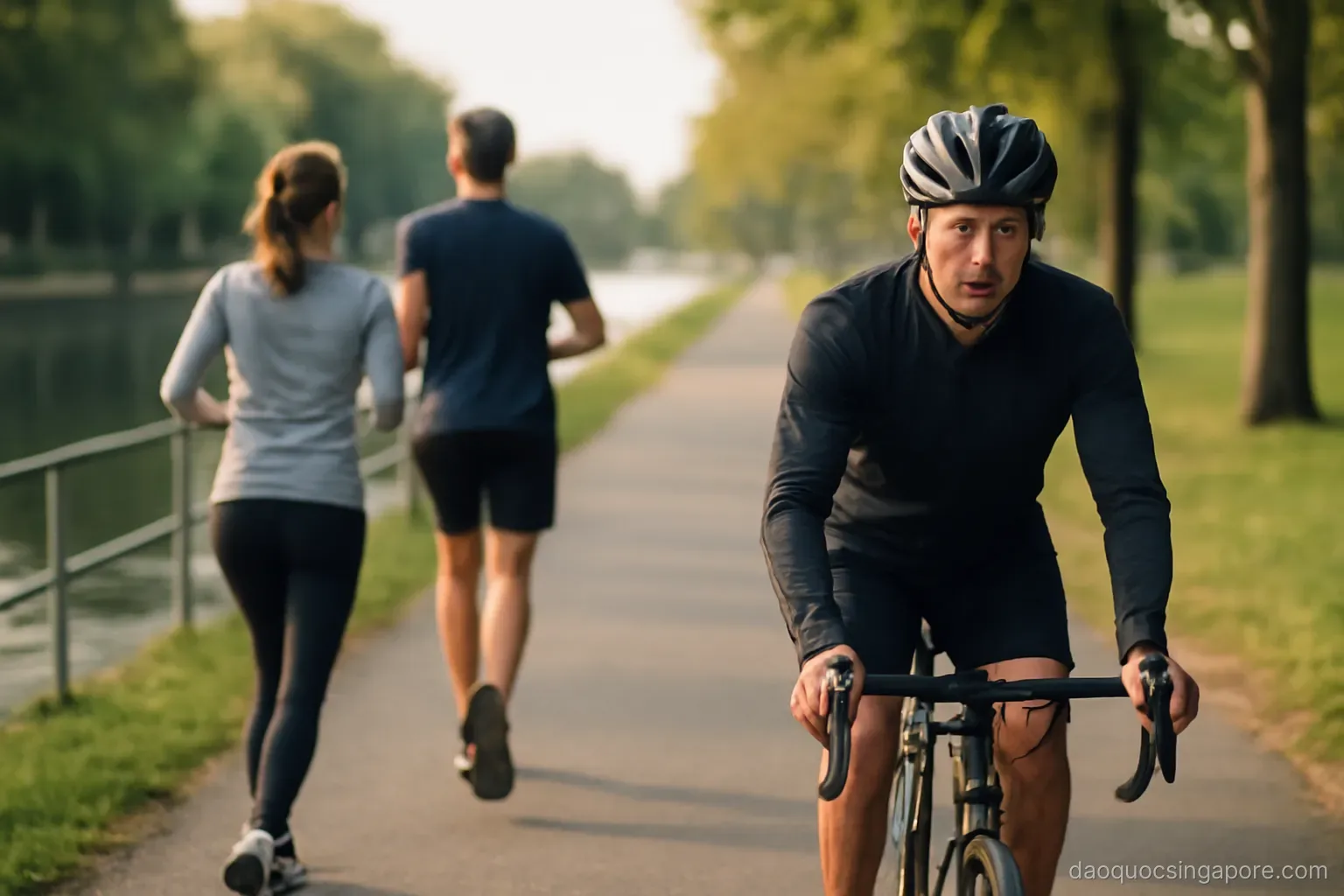 a cyclist riding on a dedicated path beside a canal with joggers passing in the opposite direction