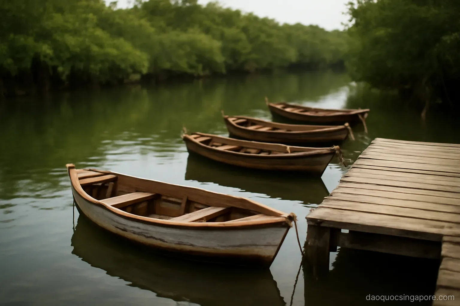 small wooden boats moored at a jetty with calm water and mangroves behind