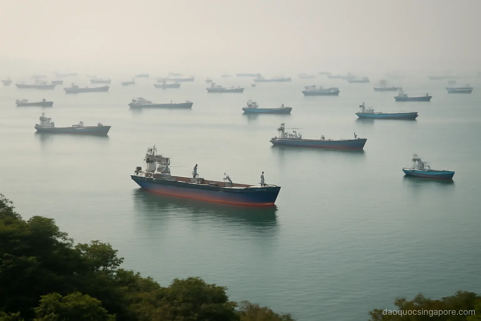 dozens of cargo ships at anchor in a hazy strait seen from a high vantage point