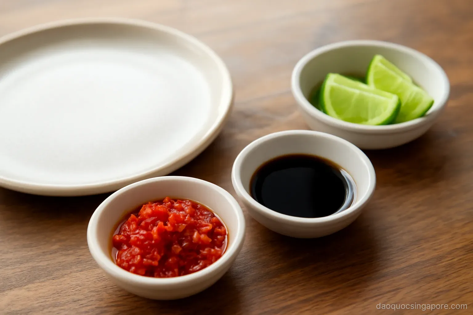 small bowls of red chilli paste, dark soy and lime wedges arranged beside a plate on a table