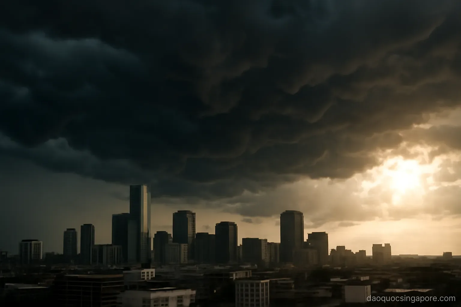 dark storm clouds building over a city skyline with sunlight breaking through at the edge