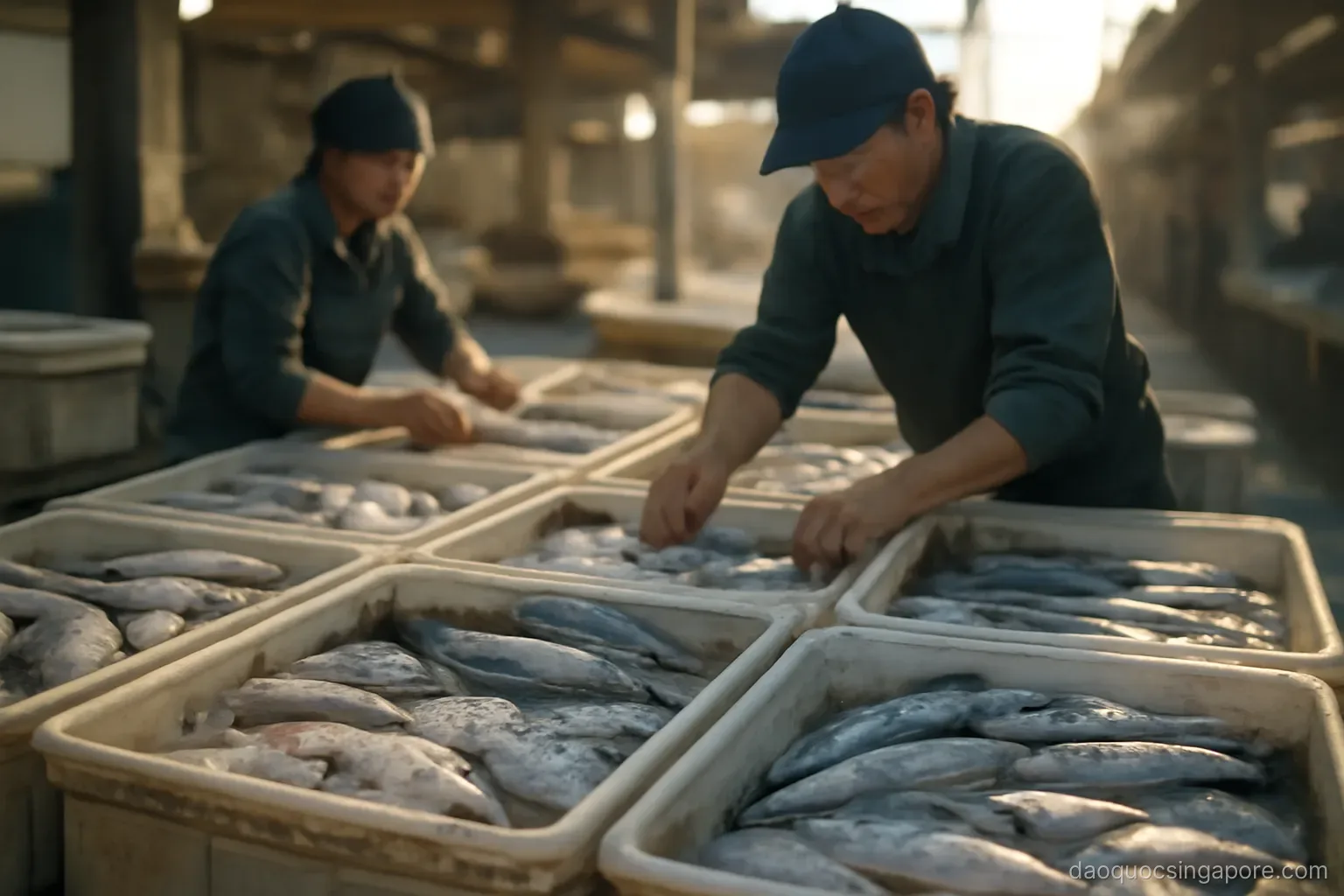 crates of fresh fish on ice at a seafood market with vendors sorting the catch early morning