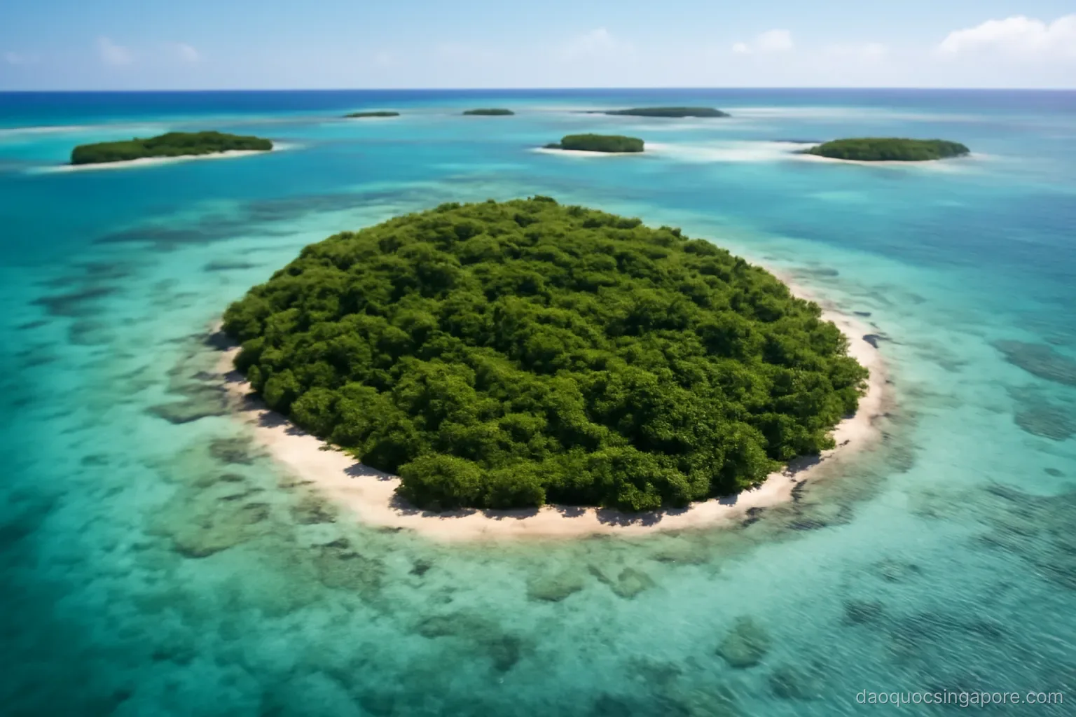 an aerial view of a green island surrounded by turquoise shallow water and small islets
