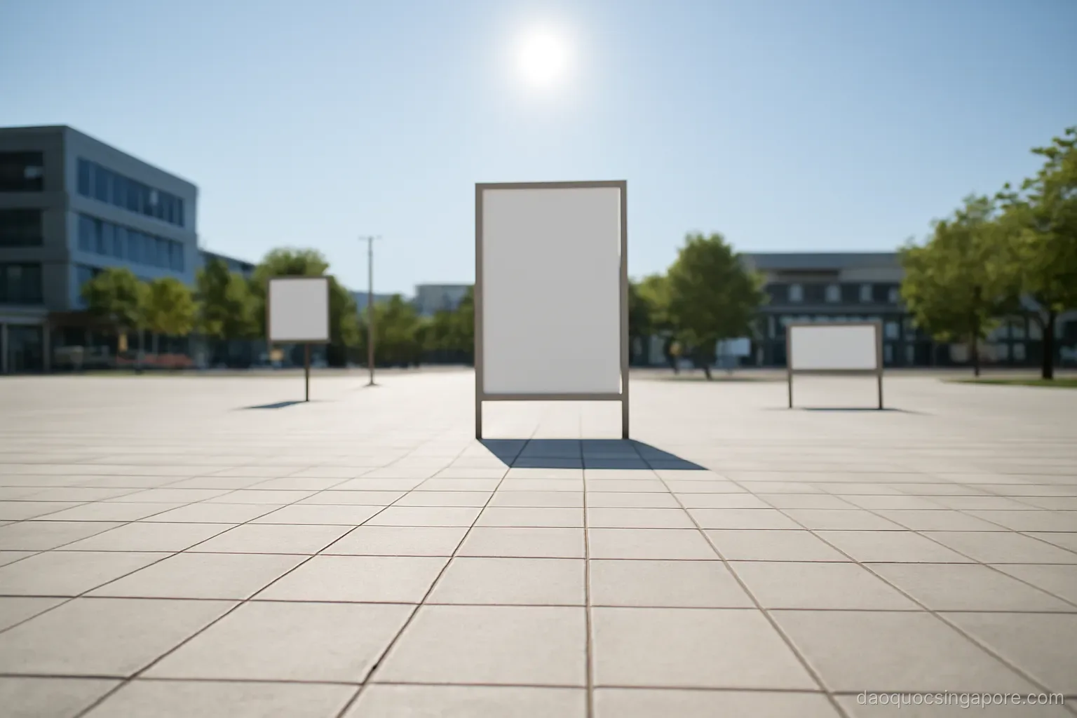 the sun directly overhead casting almost no shadow on a paved plaza at noon