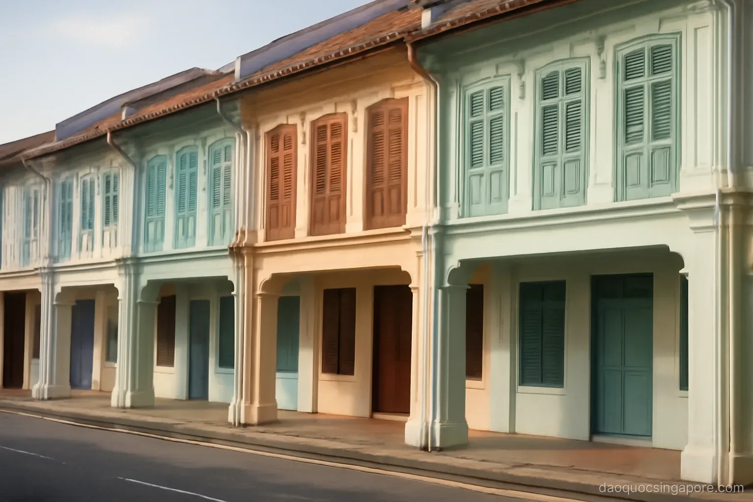 a row of narrow restored shophouses with pastel facades, wooden shutters and tiled roofs