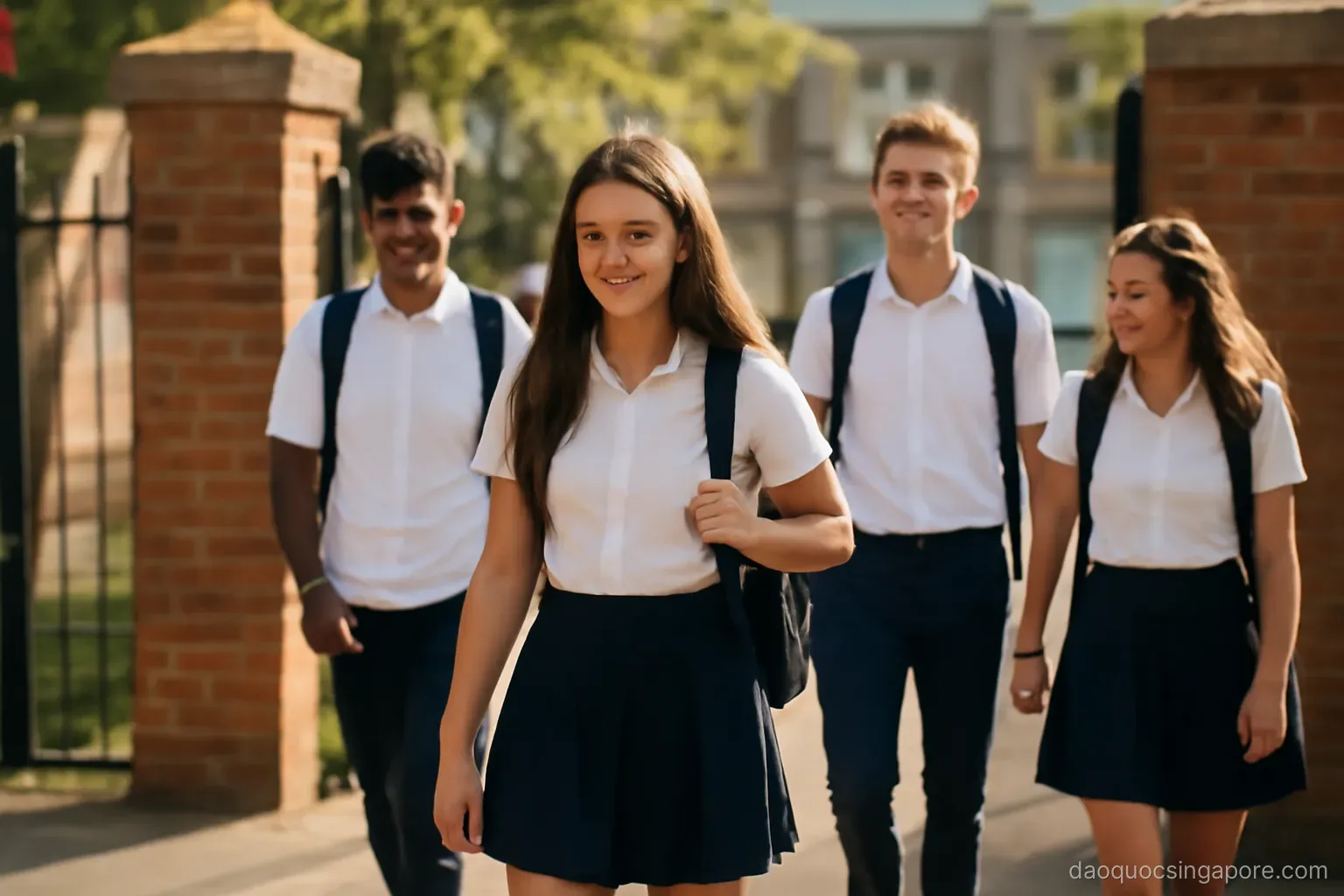 students in uniform walking out of a school gate in the afternoon carrying backpacks