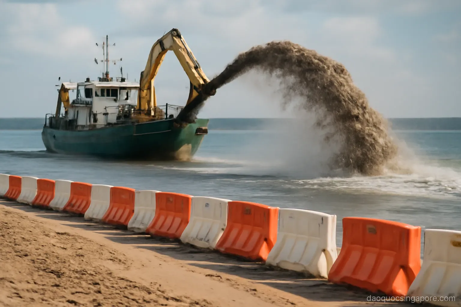 a dredger pumping sand onto a new shoreline with construction barriers along the water