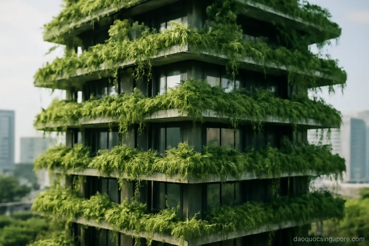 a high rise building with terraced green levels and plants cascading over the edges