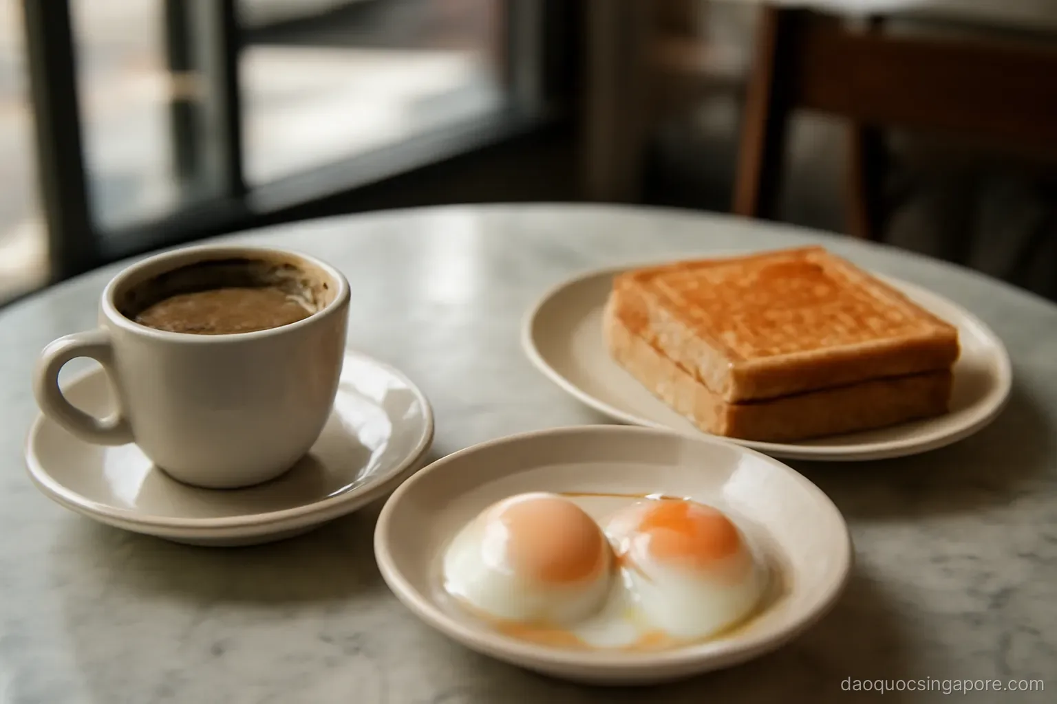 a marble-top table with a cup of thick coffee, soft-boiled eggs and toast at a traditional coffee shop