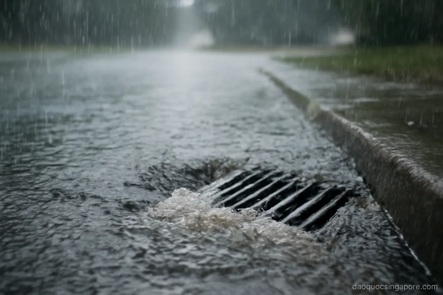 heavy rain pouring onto a flooded road with water rushing into a drainage grate