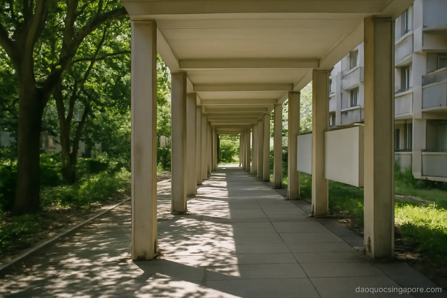 a long covered walkway with dappled light filtering through trees beside apartment blocks