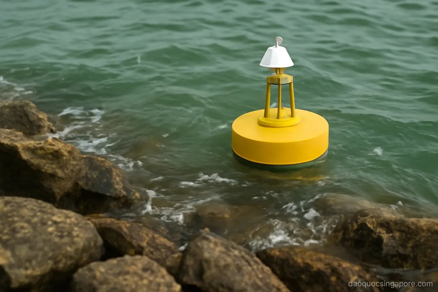 murky green sea water lapping against rocks with a research buoy floating nearby