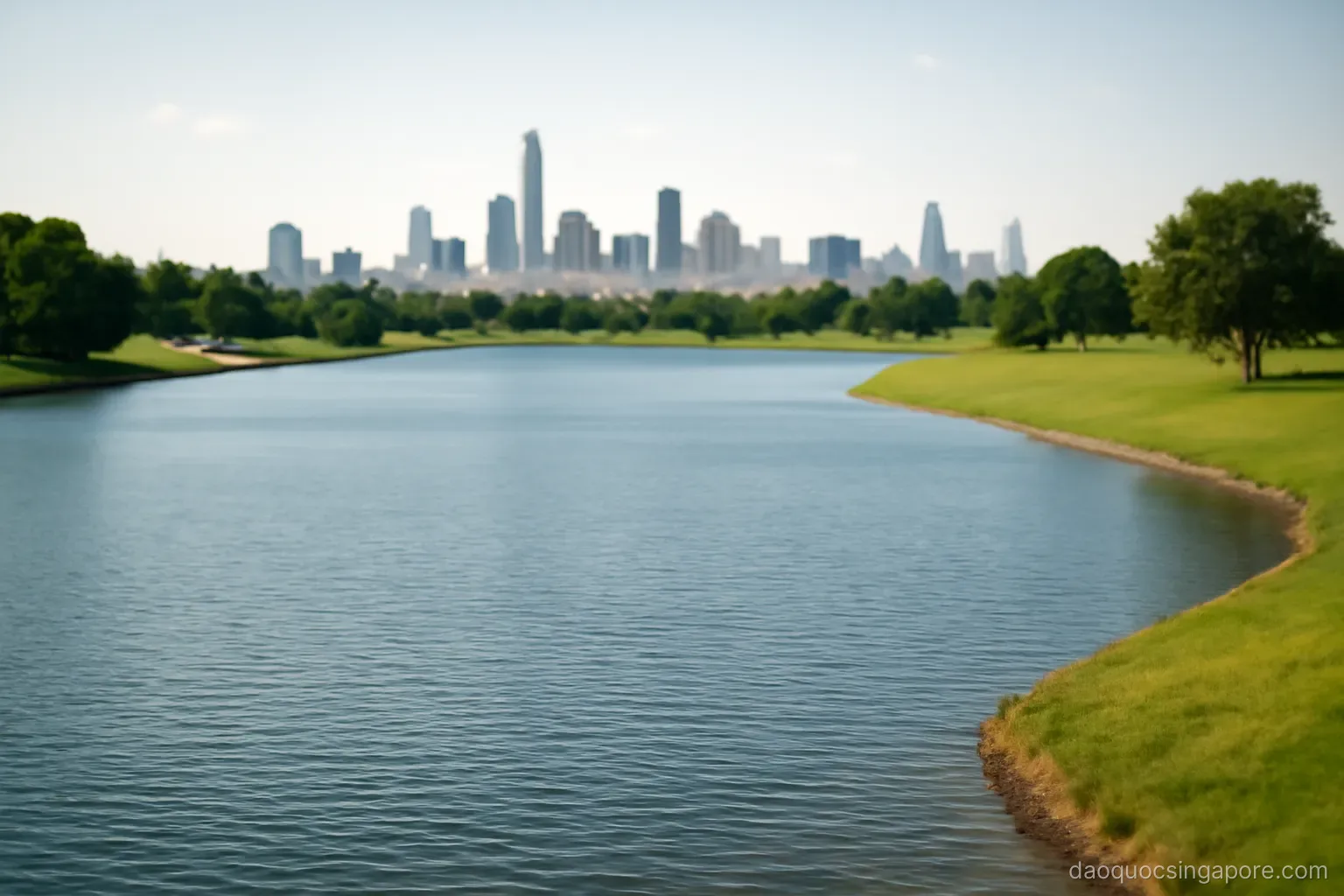 a large freshwater reservoir ringed by green banks with a city skyline far behind it