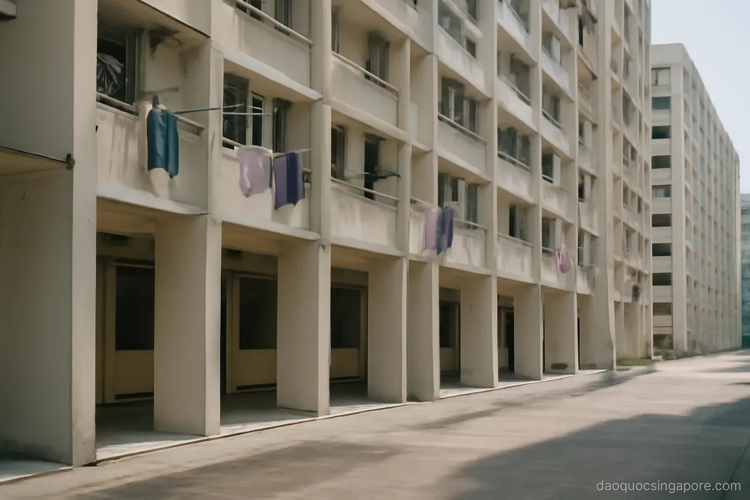 rows of tall public housing blocks with laundry poles and shaded ground-floor void decks