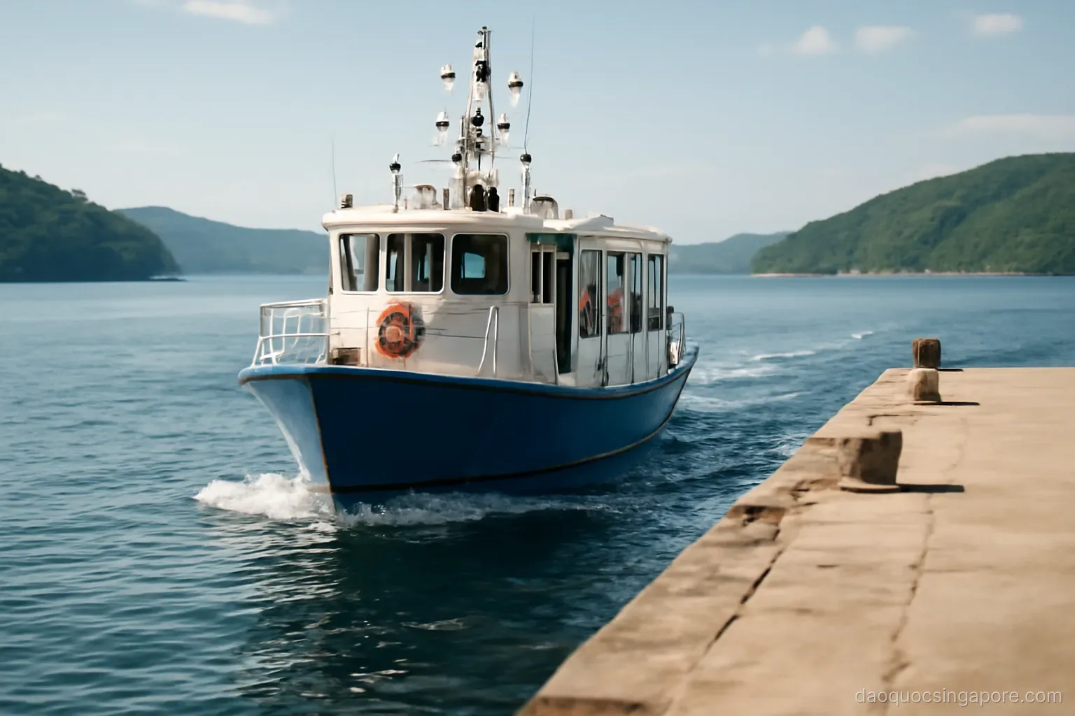 a small passenger ferry departing a jetty with green islands on the horizon