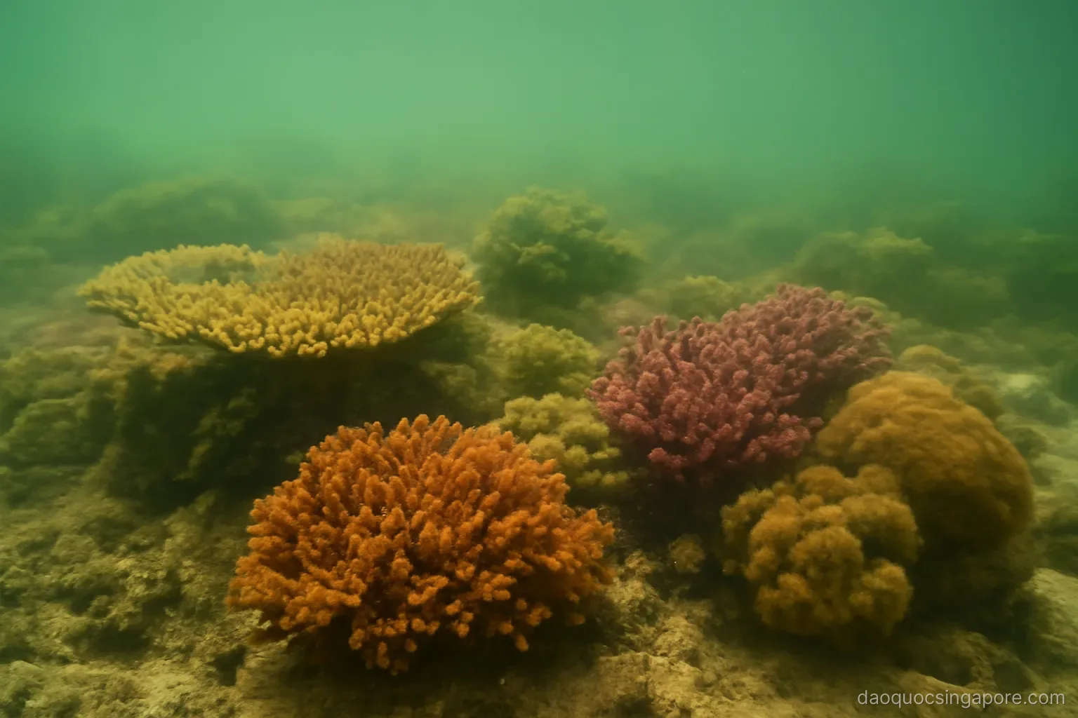 colorful hard corals on a shallow reef seen through hazy green water with sediment