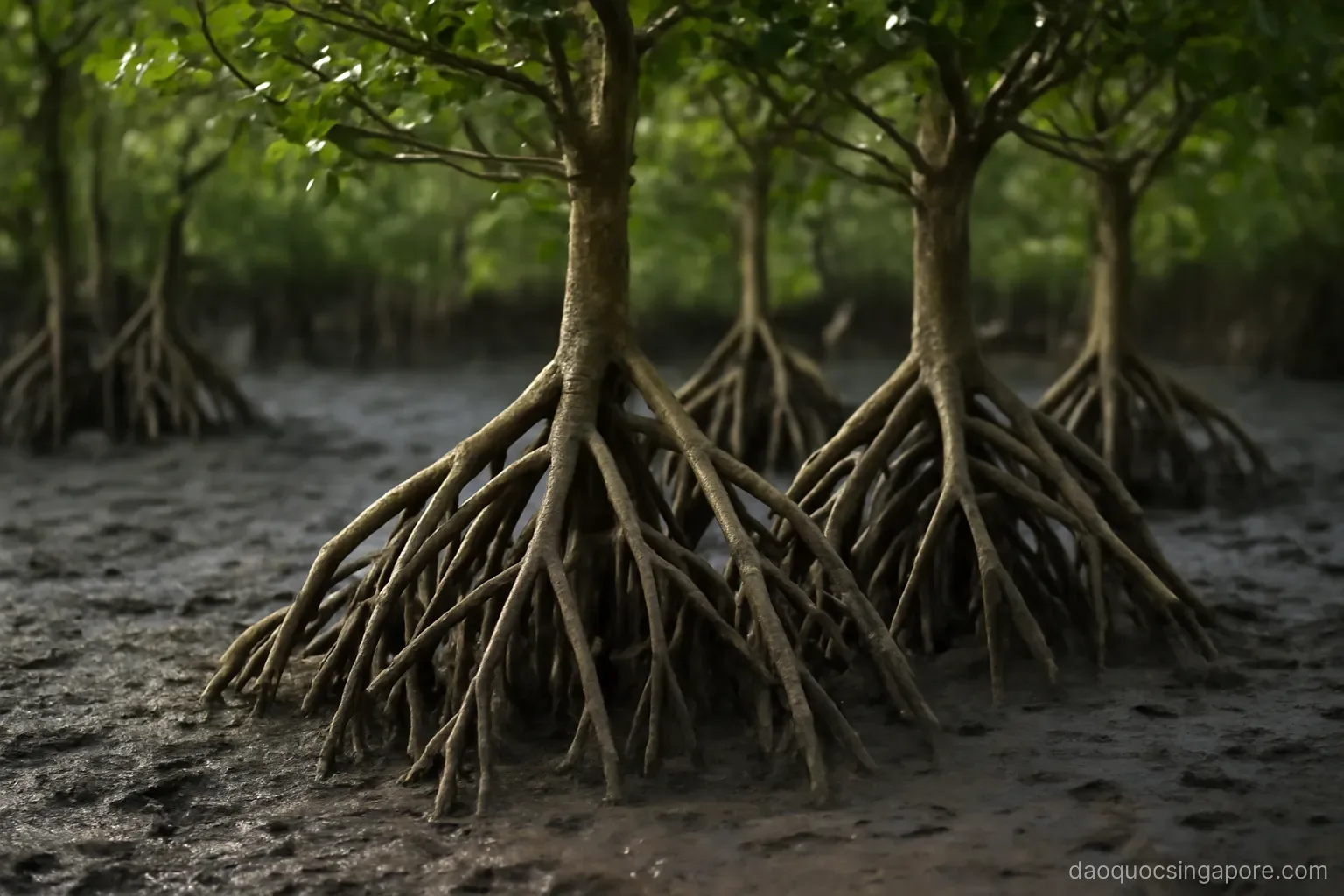 mangrove trees with tangled stilt roots emerging from dark mud at low tide