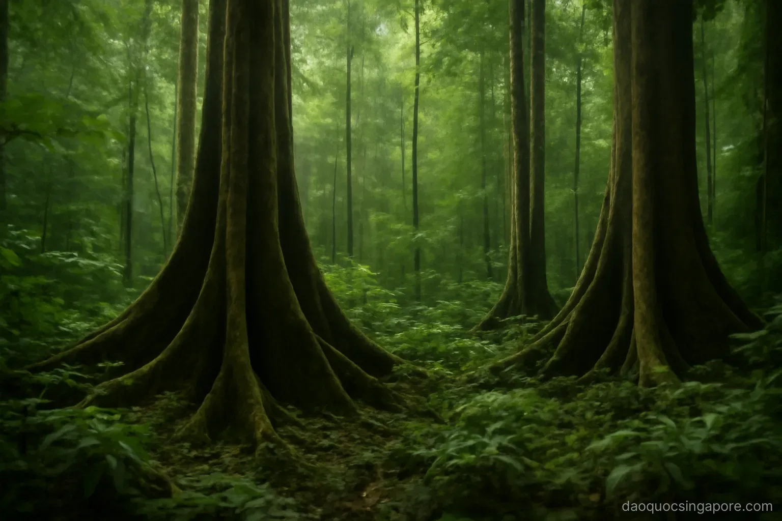 towering rainforest trees with buttress roots and thick undergrowth in filtered green light