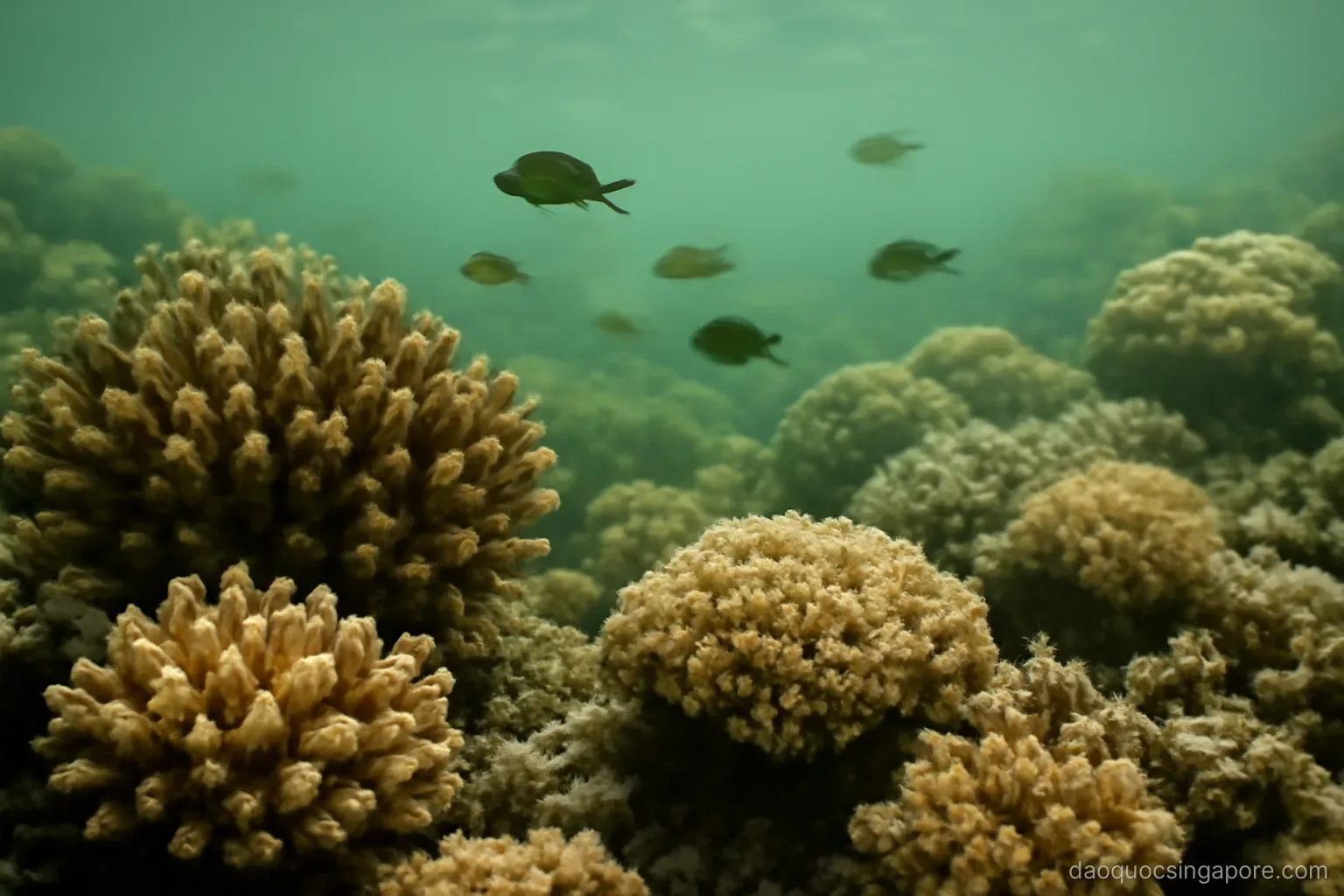 coral colonies on a shallow reef with small fish swimming among them in green tinted water