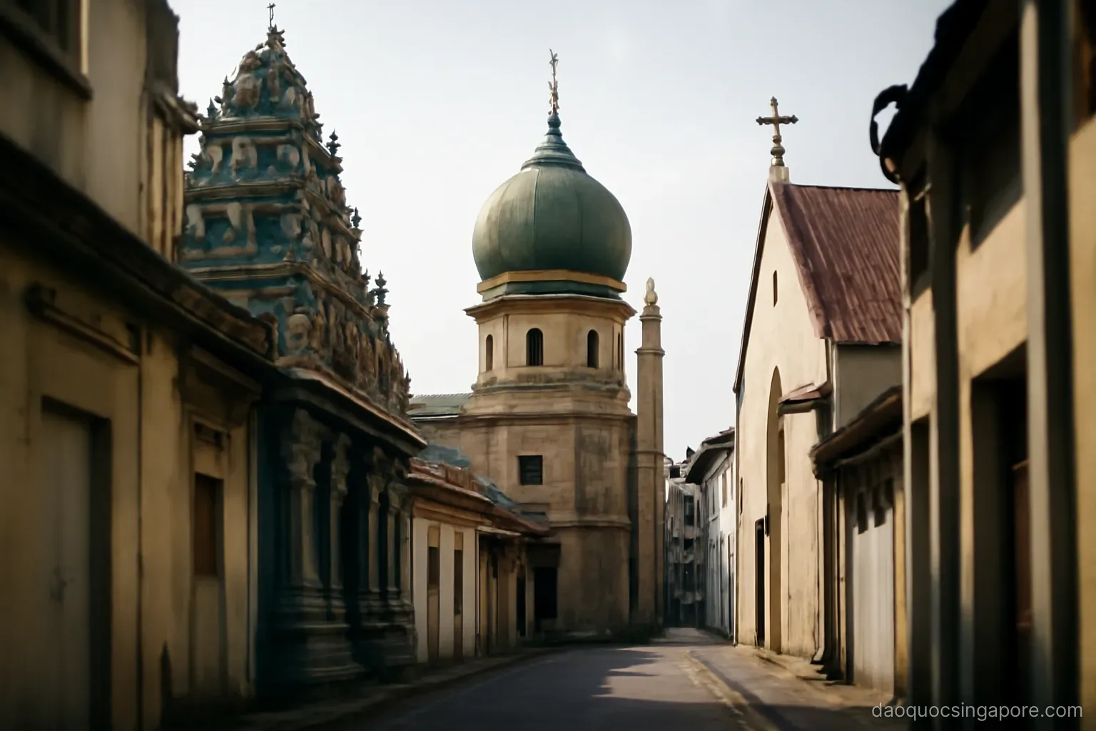 a temple, a mosque and a church rooftop visible together along one narrow street