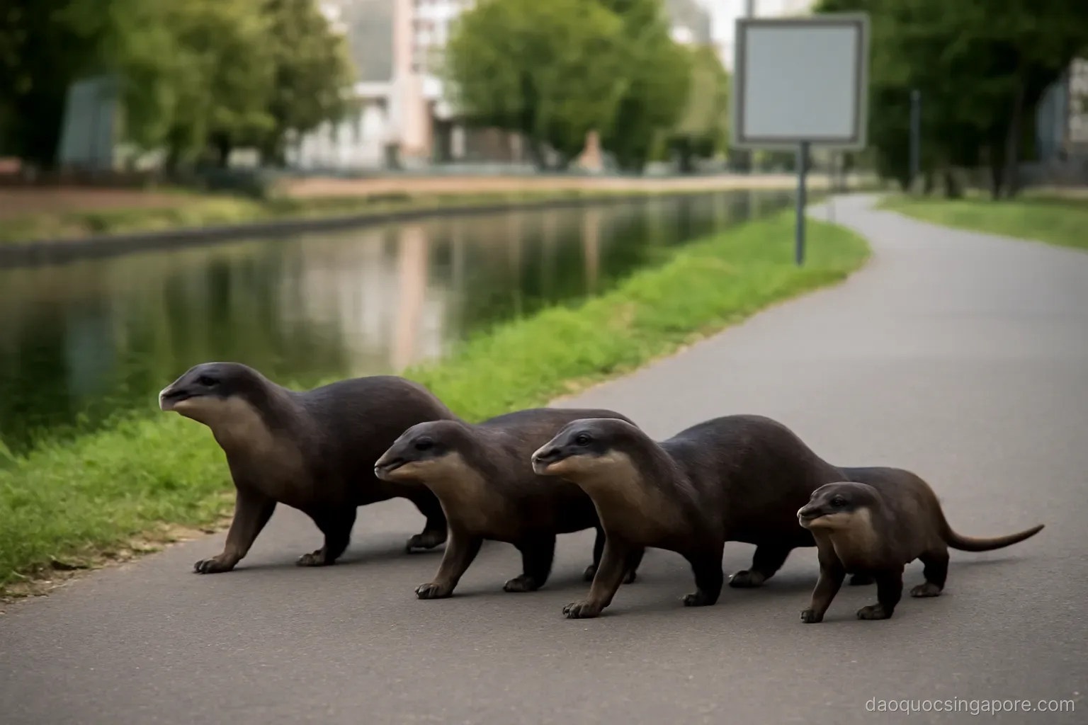 a family of smooth-coated otters crossing a paved riverside path beside a city canal
