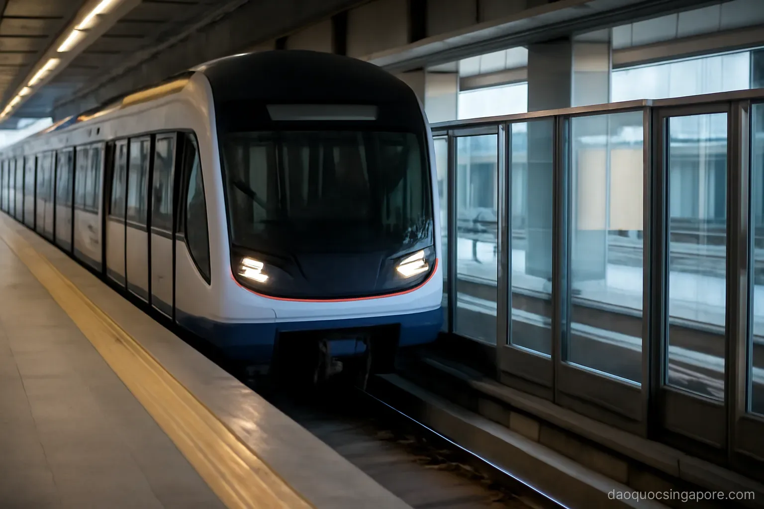 a modern metro train arriving at an underground platform with glass screen doors