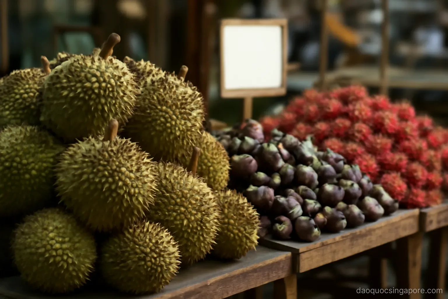a fruit stall with spiky durians, mangosteens and rambutans piled on wooden tables