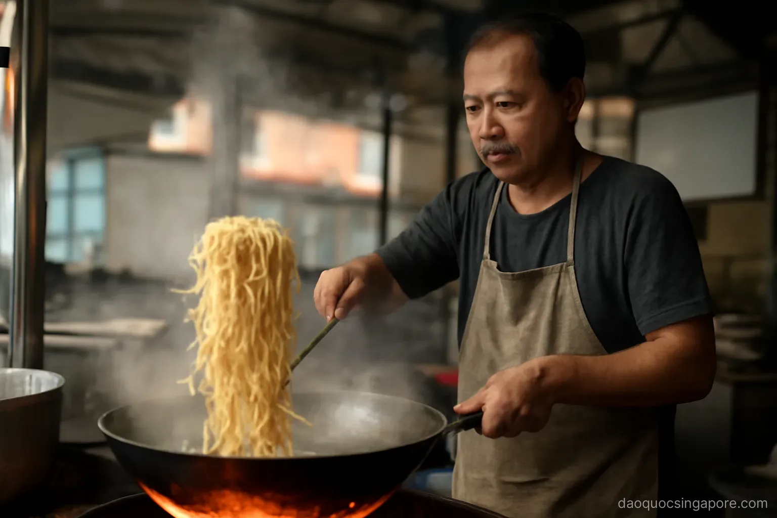 a hawker stall cook tossing noodles in a large wok over high flame with steam rising