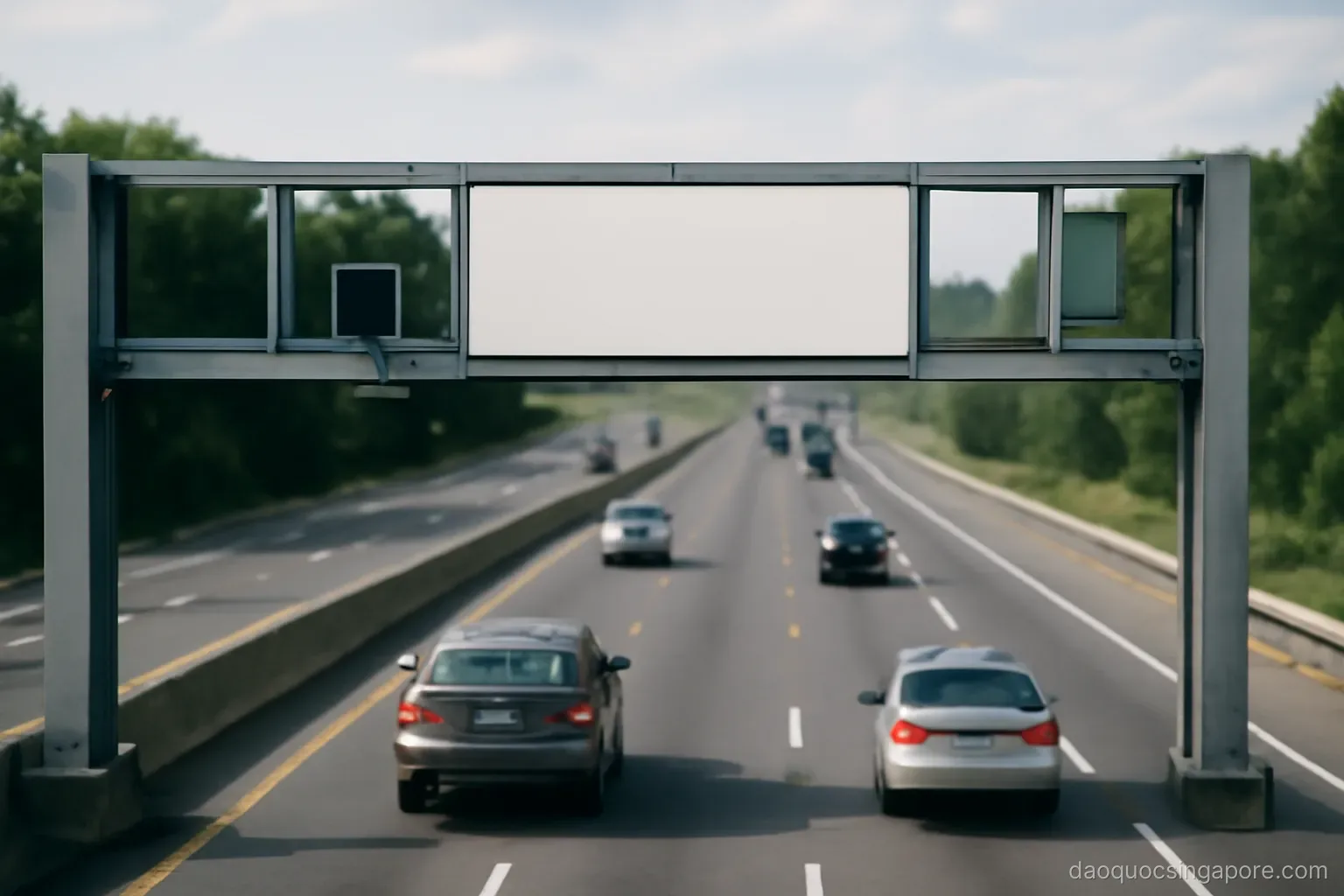 an overhead electronic road pricing gantry spanning a multi-lane expressway with cars passing beneath