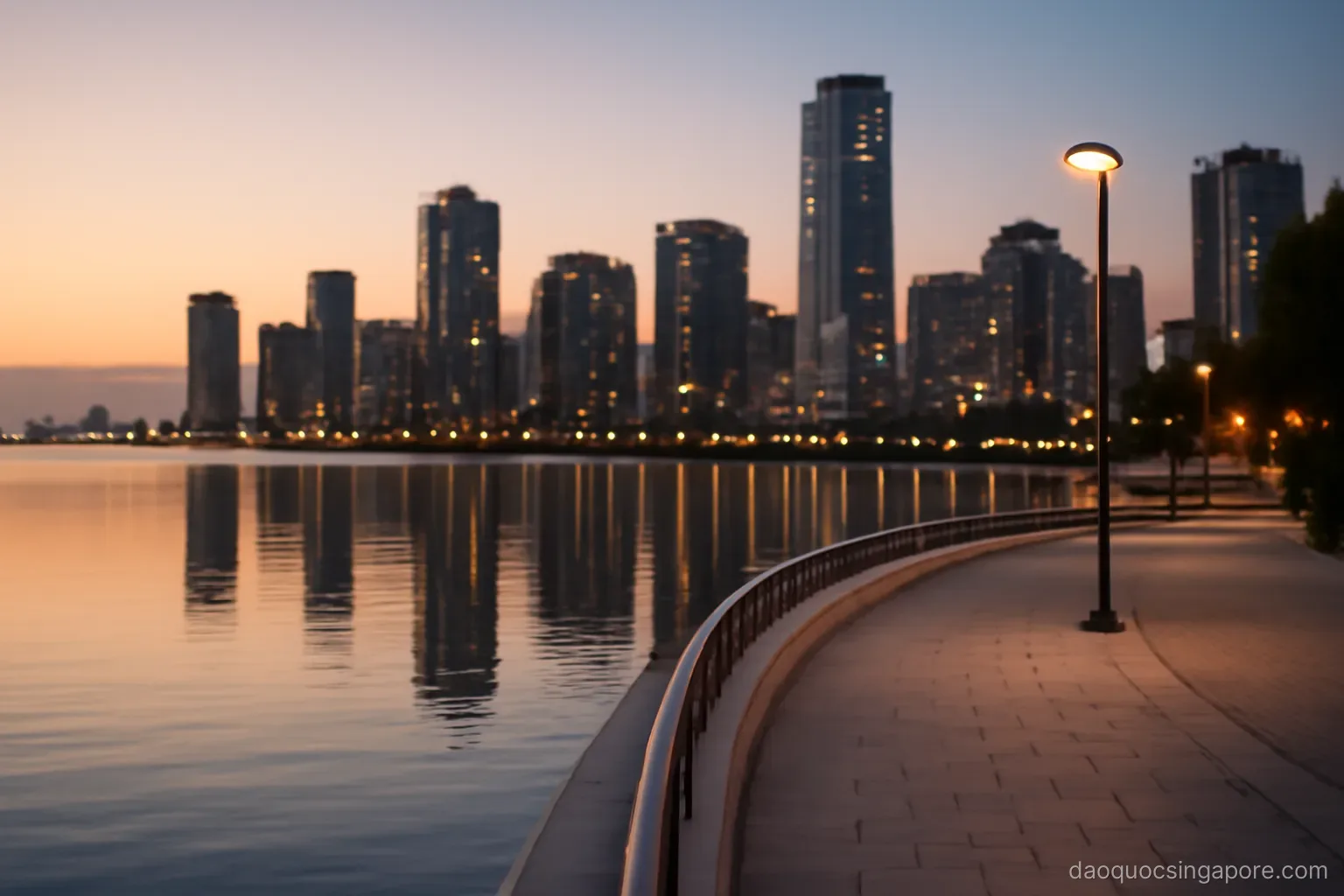 a curved waterfront promenade at dusk with reflections of tall buildings on calm bay water