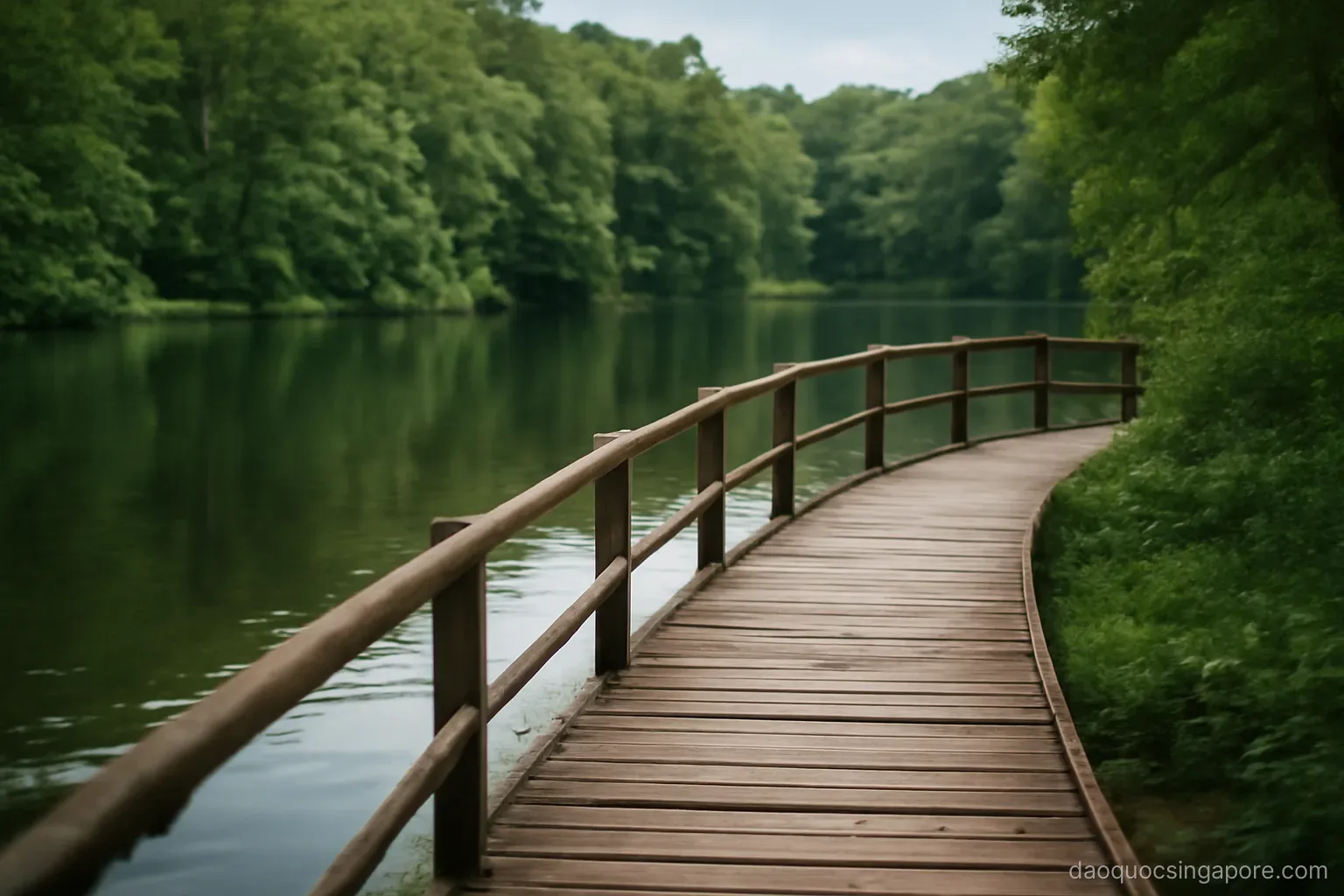 a still reservoir surrounded by dense green forest with a wooden boardwalk at the edge