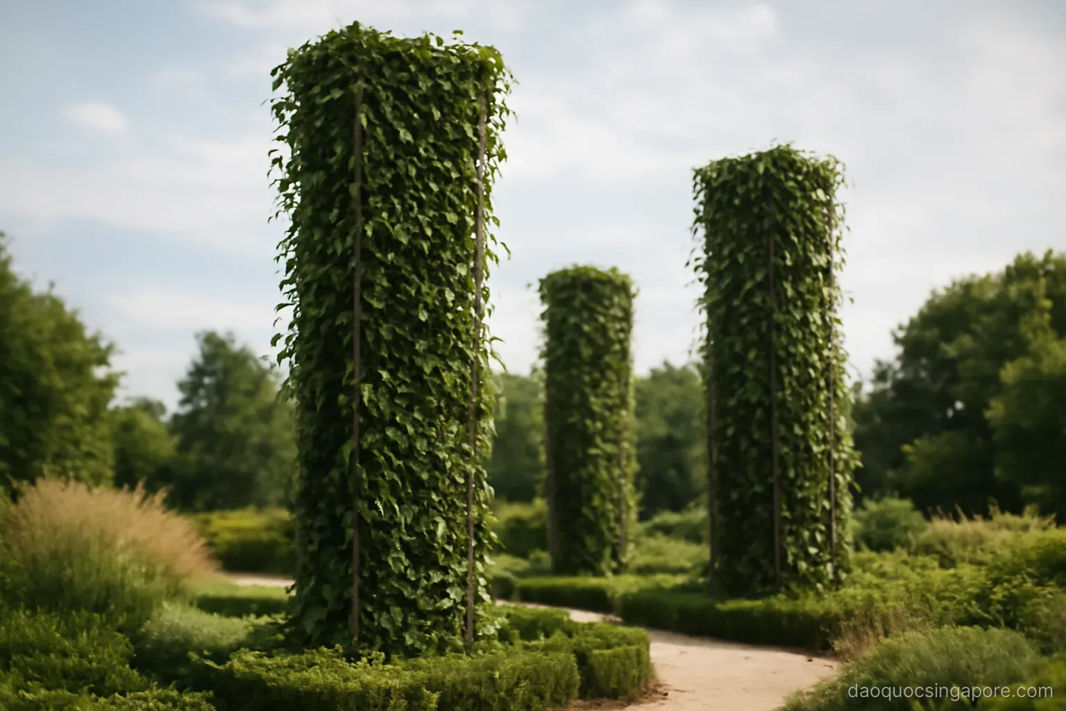 tall vertical garden structures covered in climbing plants rising above landscaped grounds