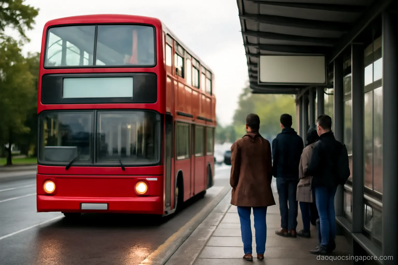 a double-decker bus pulling into a covered bus stop with passengers waiting under shelter